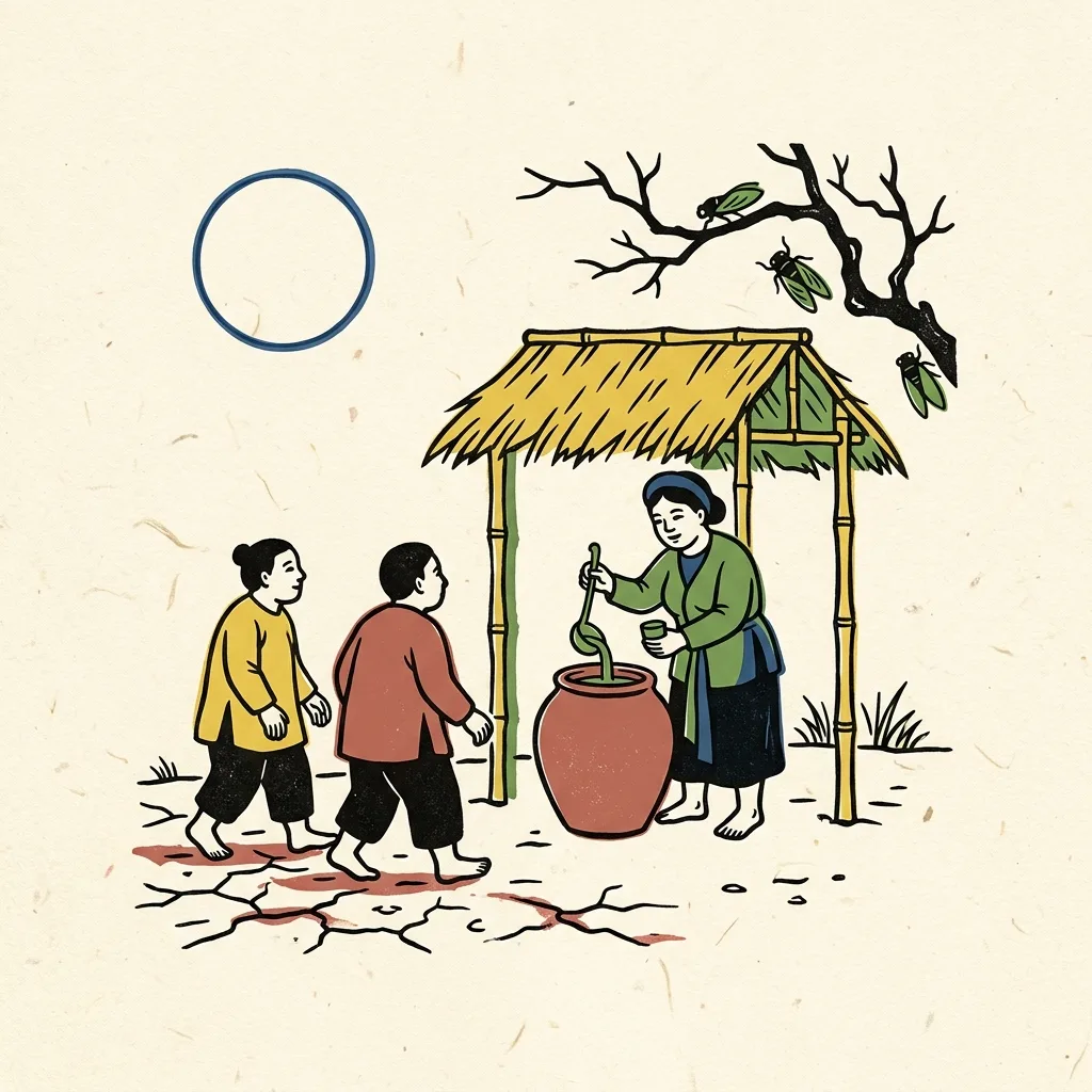Tranh dân gian minh hoạ ngày 1/8/2026: Tiết Đại thử — giữa tháng, trăng tròn. Ngày Đinh Mùi, hắc đạo.